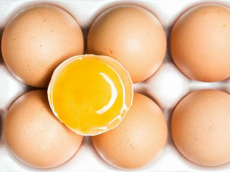 Eine Packung mit Eiern, darauf liegt ein aufgeschlagenes Ei