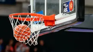Ein Basketball im Korb