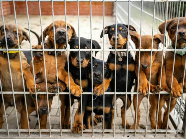 Hunde lehnen am Gitter eines Zwingers