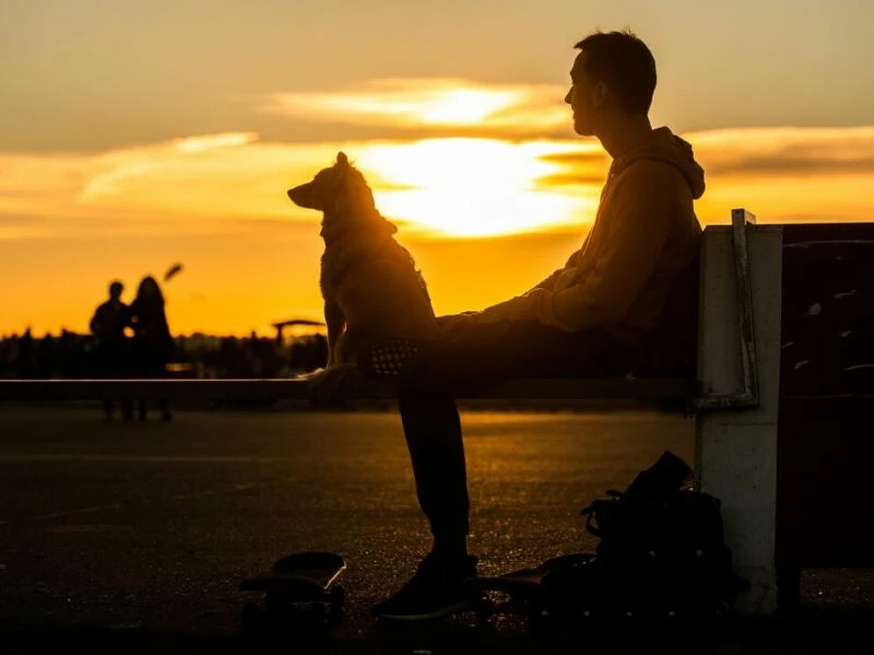 Ein Mann sitzt während des Sonnenuntergangs auf einer Bank