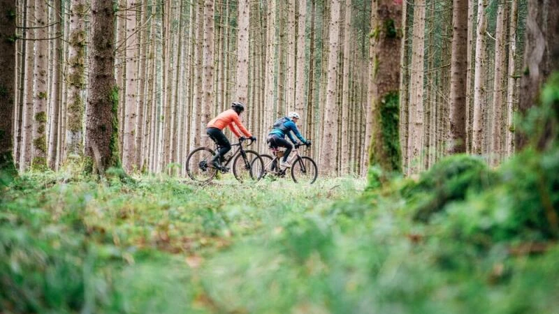 Gravelbiker fahren durch einen Wald in Oberbayern