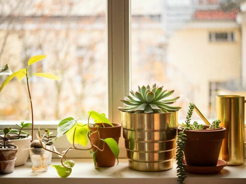 Pflanzen stehen auf einer Fensterbank