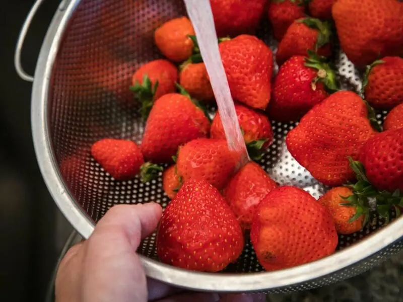 Erdbeeren mit Wasser abspülen
