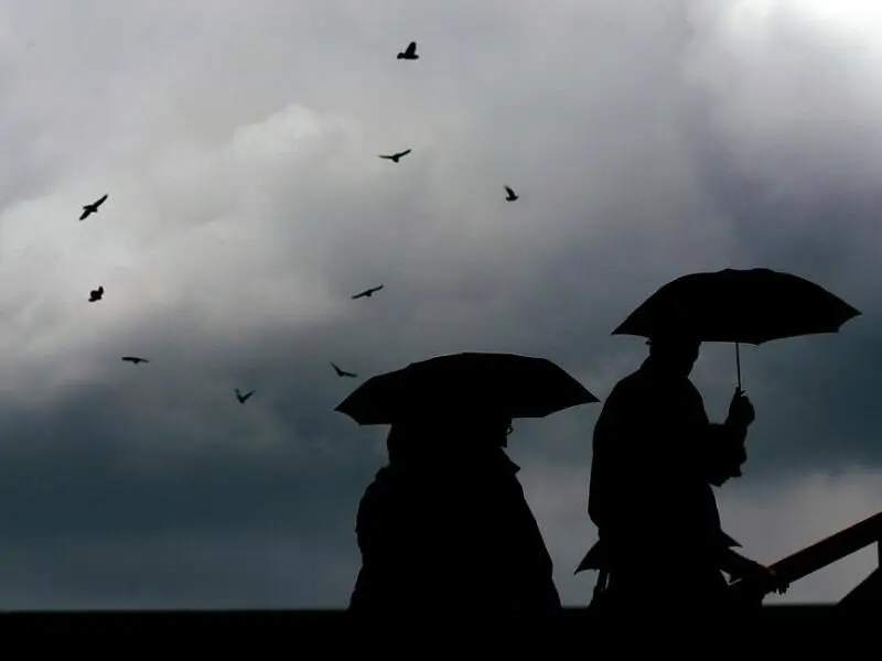 Passanten mit Regenschirmen in Köln