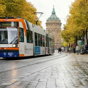 Eine Straßenbahn in der Mannheimer Innenstadt
