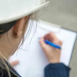 Frau mit Bauhelm schreibt auf Klemmbrett