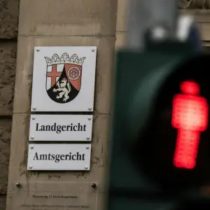 Eine Ampel leuchtet vor dem Hinweisschild am Landgericht Landau