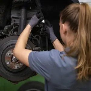 Eine KFZ-Mechanikerin wechselt die Bremsscheiben am Auto