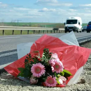 Blumen liegen an der Unfallstelle an der B247 am Straßenrand