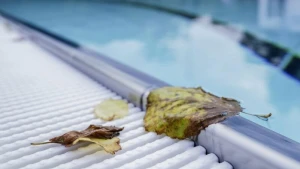 Laub liegt am Rande eines Schwimmbeckens.