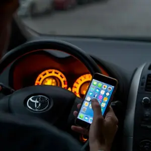 Ein Mann sitzt mit Handy in der Hand in einem Auto am Steuer