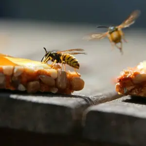 Wespen auf einem Marmeladenbrot