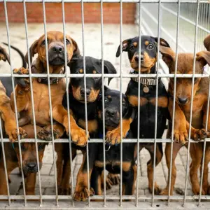 Hunde lehnen am Gitter eines Zwingers