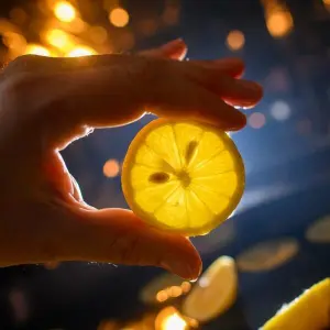 Person hält eine Zitronenscheibe in der Hand