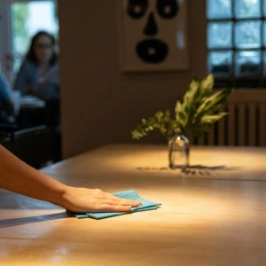 Bedienung säubert einen Tisch im Restaurant