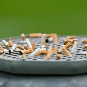Zigarettenkippen stecken im Aschenbecher eines Mülleimers