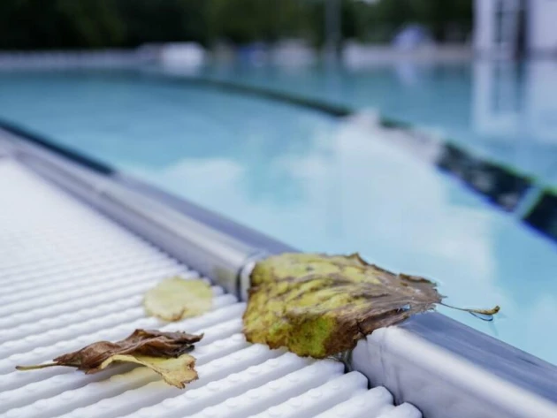 Laub liegt am Rande eines Schwimmbeckens.