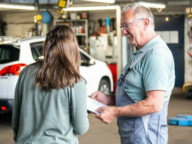 Ein Mechaniker und eine Kundin in einer Werkstatt